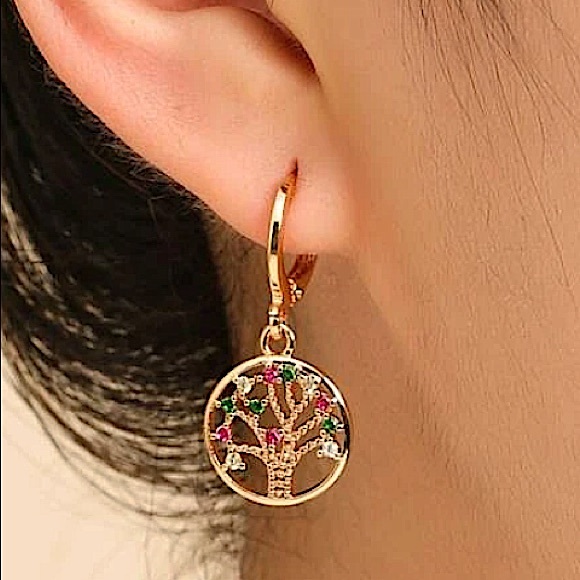 Gold 14K GP Tree Of Life Zircon Earrings - Picture 2 of 4